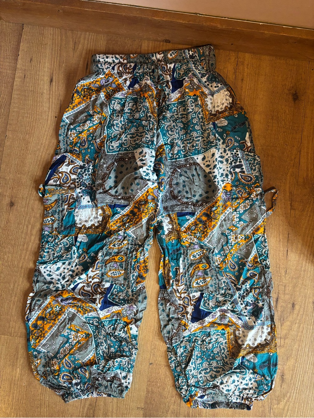 Boho Patchwork Print Harem Pants - Teal, Mustard, White
